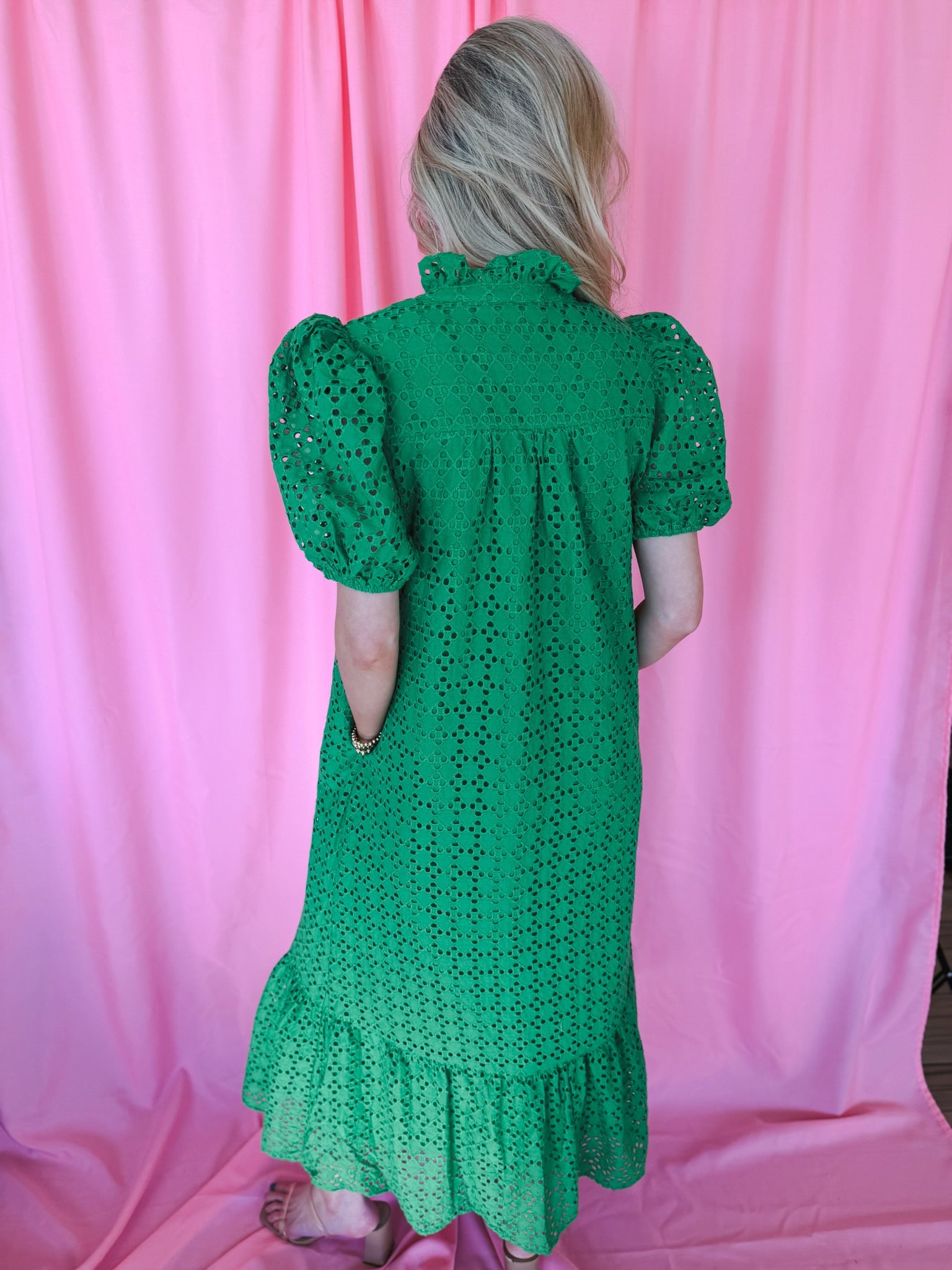 Entro Green Eyelet Puff Sleeve Midi Dress - Dress