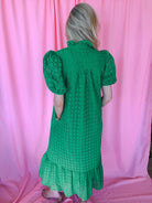 Entro Green Eyelet Puff Sleeve Midi Dress - Dress
