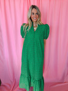 Entro Green Eyelet Puff Sleeve Midi Dress - Dress