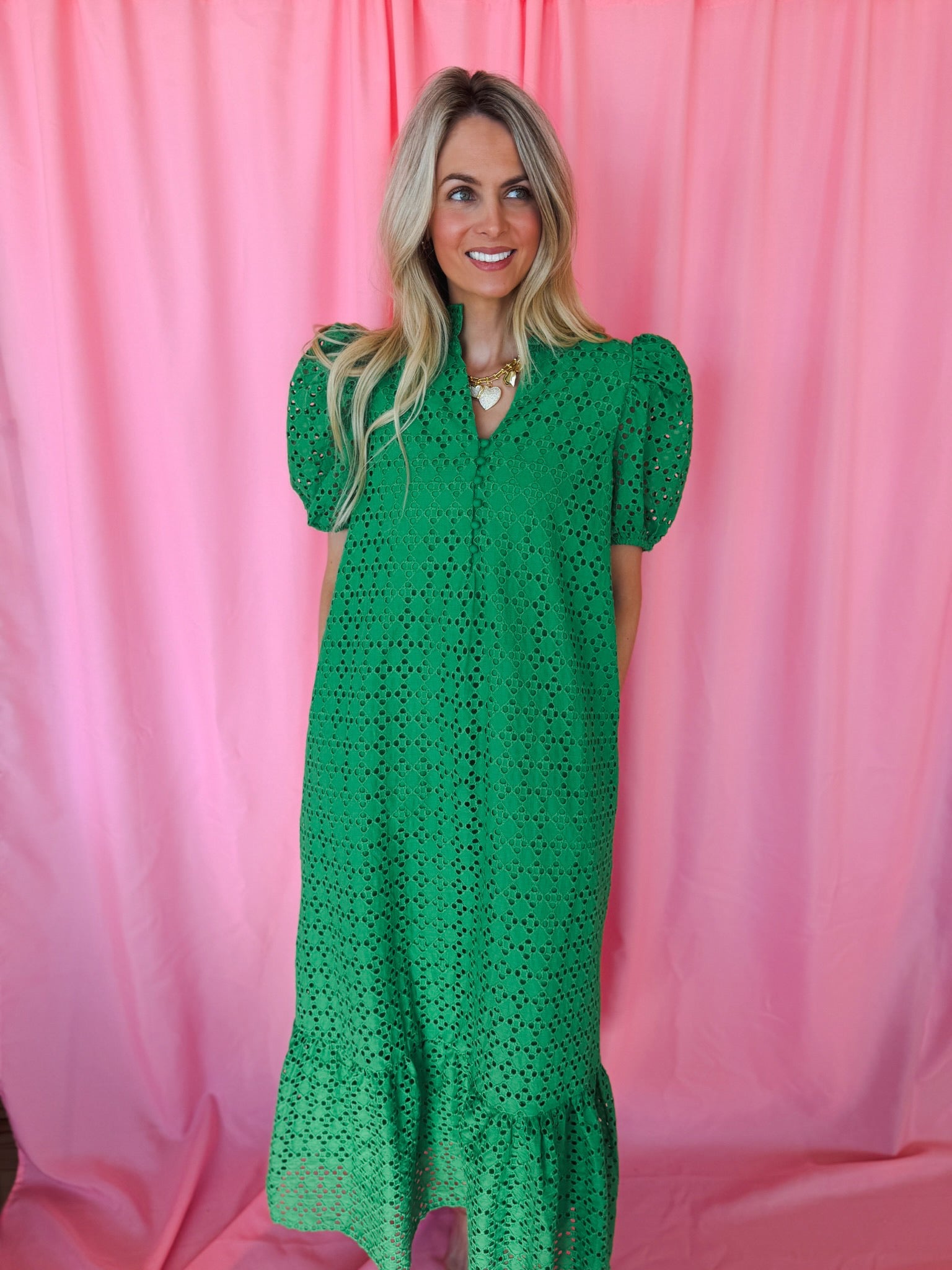 Entro Green Eyelet Puff Sleeve Midi Dress - Dress