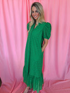 Entro Green Eyelet Puff Sleeve Midi Dress - Dress