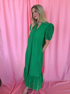 Entro Green Eyelet Puff Sleeve Midi Dress - Dress