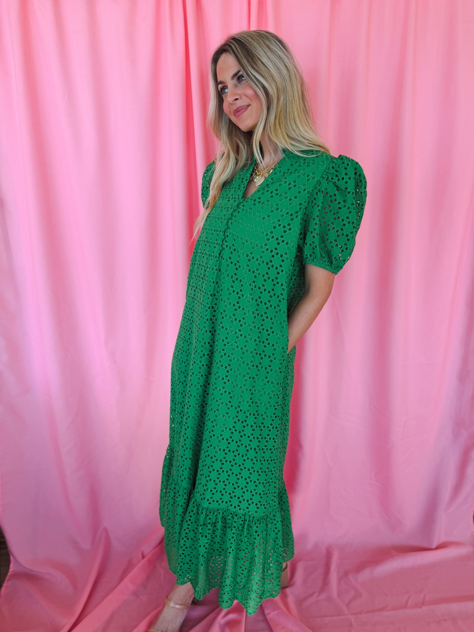 Entro Green Eyelet Puff Sleeve Midi Dress - Dress