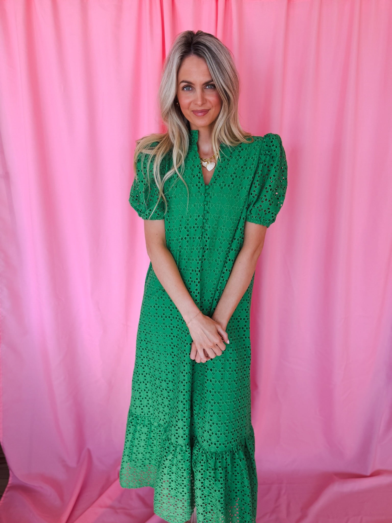 Entro Green Eyelet Puff Sleeve Midi Dress - Dress