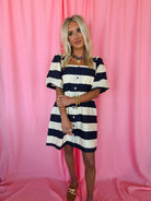 Entro Navy Cream Striped Button-Front Puff Sleeve Bonnie Dress - Dress