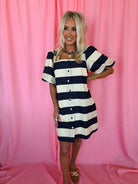 Entro Navy Cream Striped Button-Front Puff Sleeve Bonnie Dress - Dress
