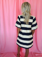 Entro Navy Cream Striped Button-Front Puff Sleeve Bonnie Dress - Dress