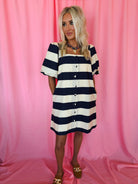 Entro Navy Cream Striped Button-Front Puff Sleeve Bonnie Dress - Dress