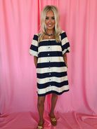 Entro Navy Cream Striped Button-Front Puff Sleeve Bonnie Dress - Dress