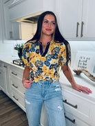 ENTRO GOLD AND BLUE FLORAL PRINT TOP WITH TIE - Tops