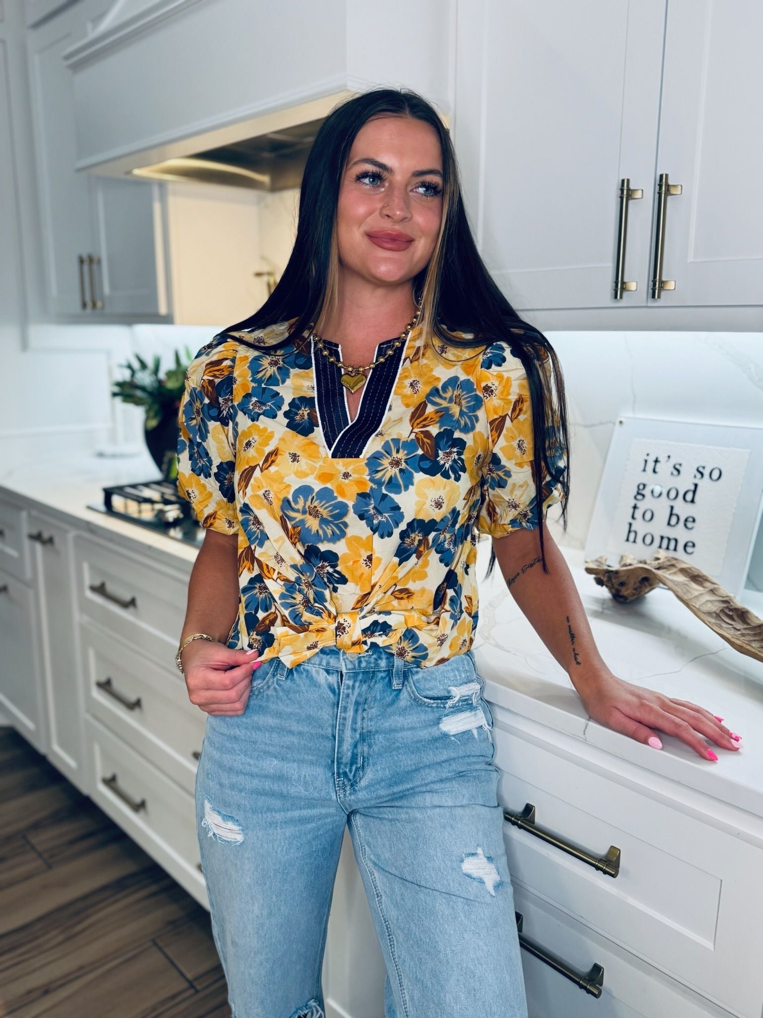 ENTRO GOLD AND BLUE FLORAL PRINT TOP WITH TIE - Tops