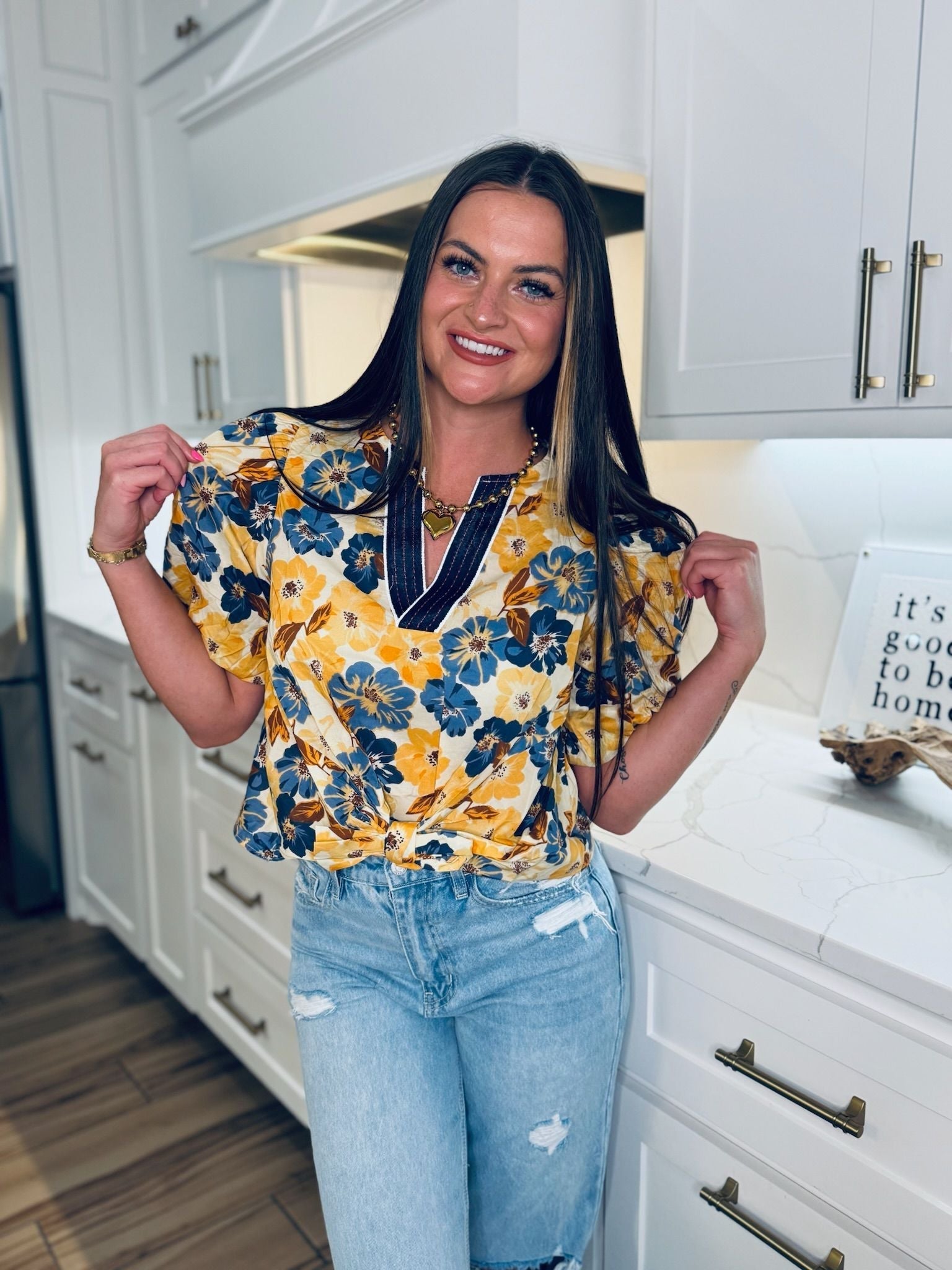 ENTRO GOLD AND BLUE FLORAL PRINT TOP WITH TIE - Tops