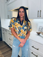 ENTRO GOLD AND BLUE FLORAL PRINT TOP WITH TIE - Tops