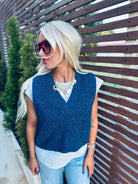 ENTRO NAVY TWOFER V-NECK CAP SLEEVE SWEATER KNIT TOP - Tops