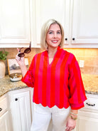 Entro Pink and Red Stripe 3/4 Sleeve Blouse - Tops