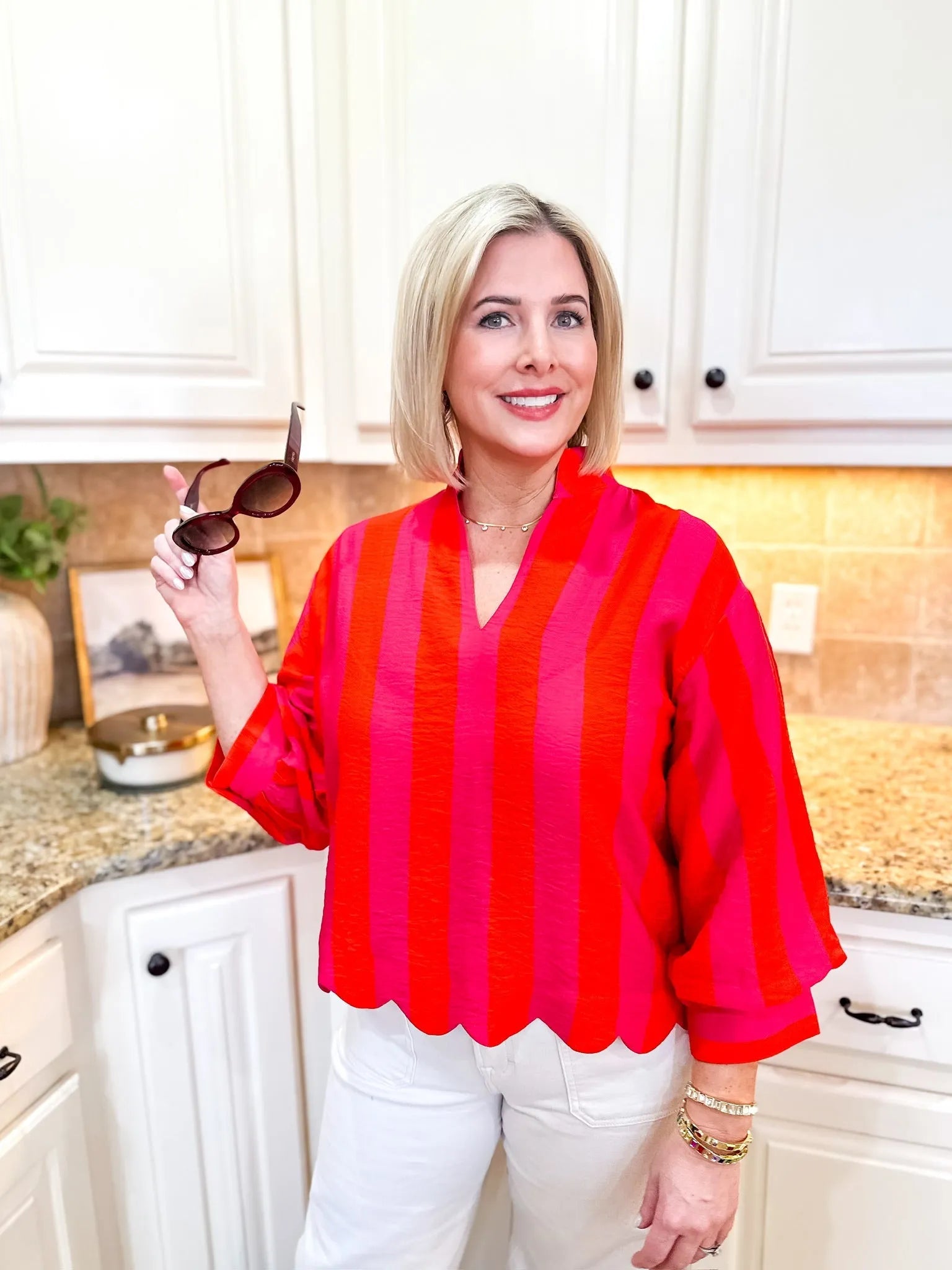 Entro Pink and Red Stripe 3/4 Sleeve Blouse - Tops
