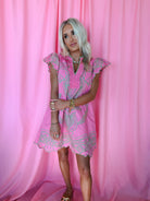 Entro Pink Green Embroidered Flutter Sleeve Mini Dress w/Pockets - Dress