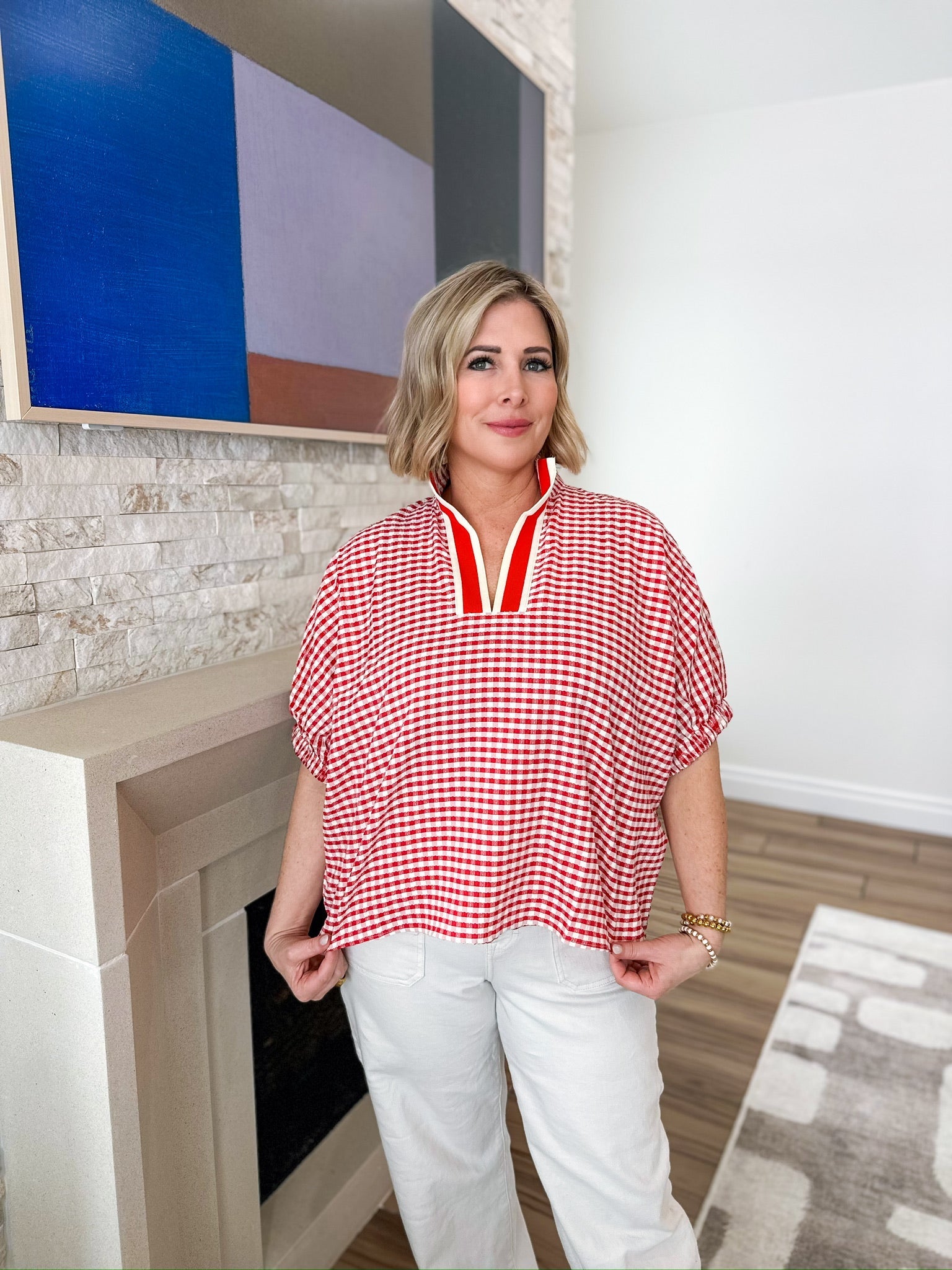 Entro Red Gingham Deep V-Neck Blouse - Tops