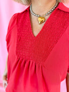 Entro Red Smocked V Neck Blouse - Tops