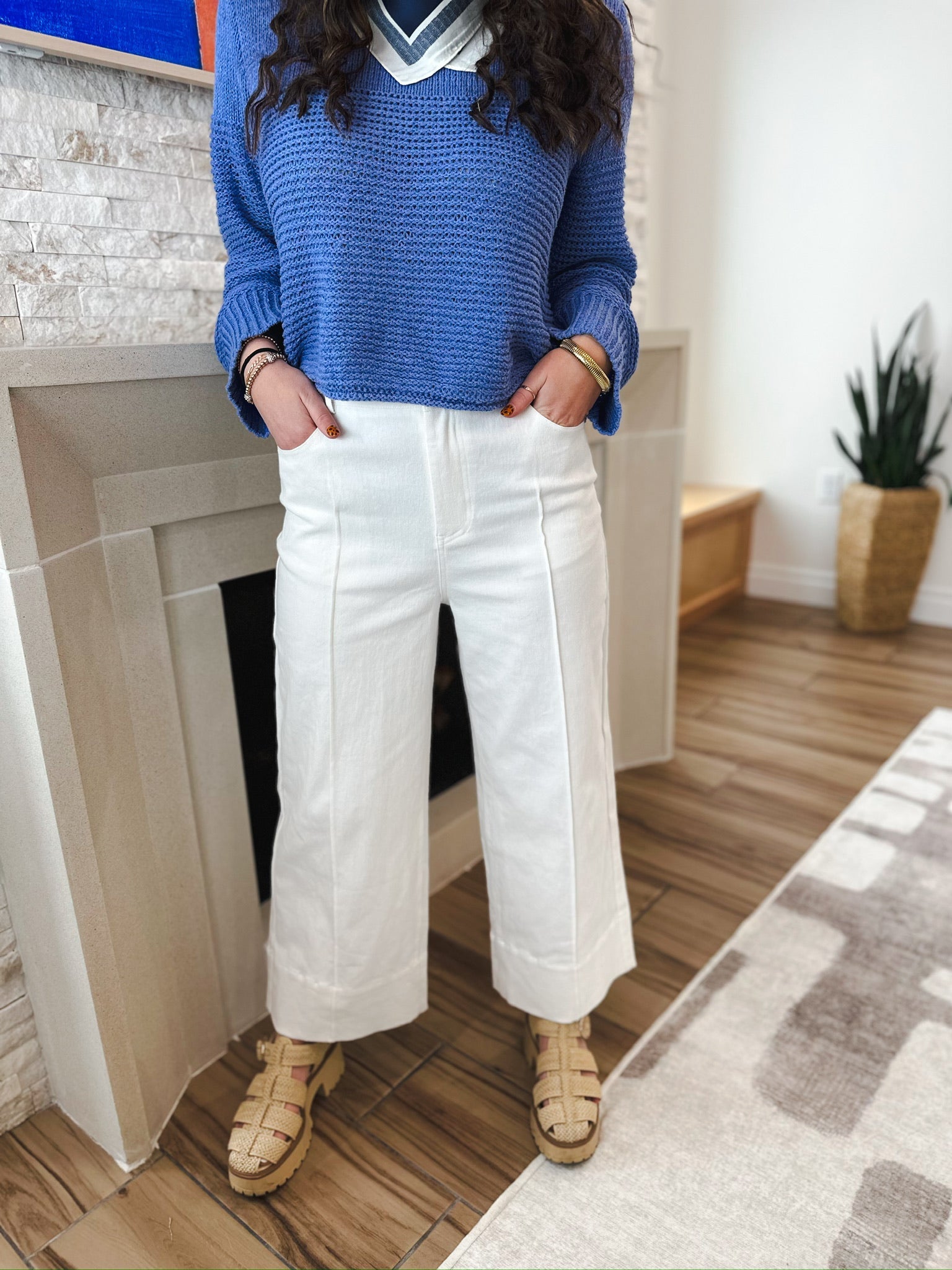 Entro White Denim Wide Leg Pleated Jeans - Bottoms