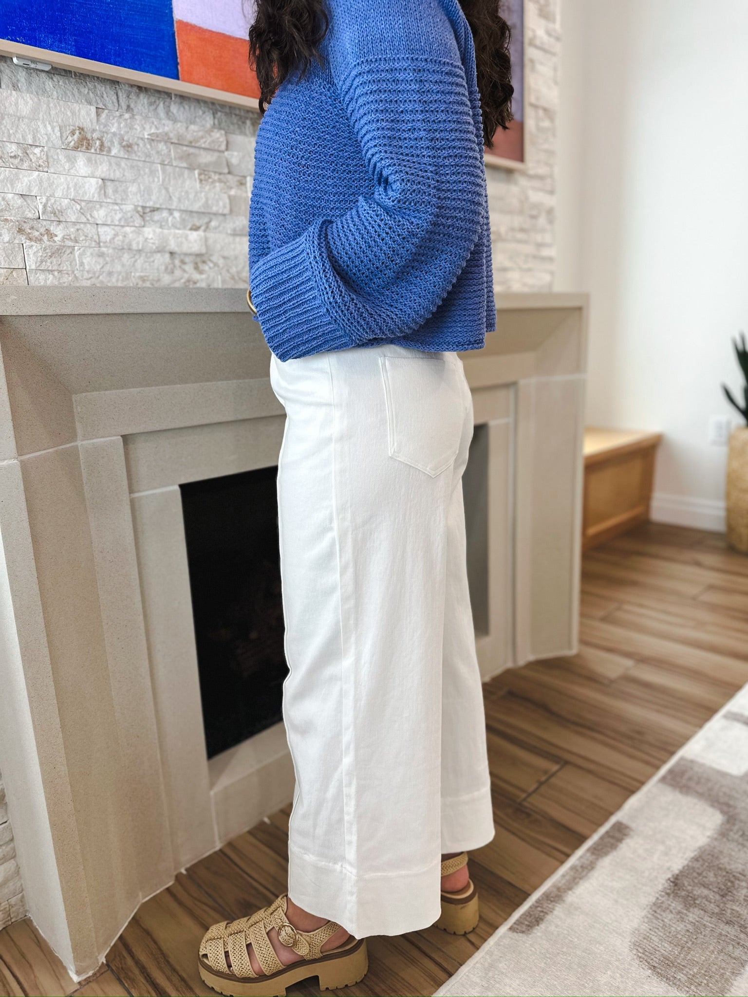 Entro White Denim Wide Leg Pleated Jeans - Bottoms