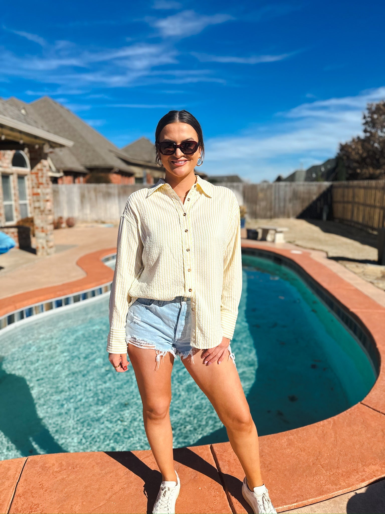 Entro Yellow and White Stripe Button Down Top - Tops
