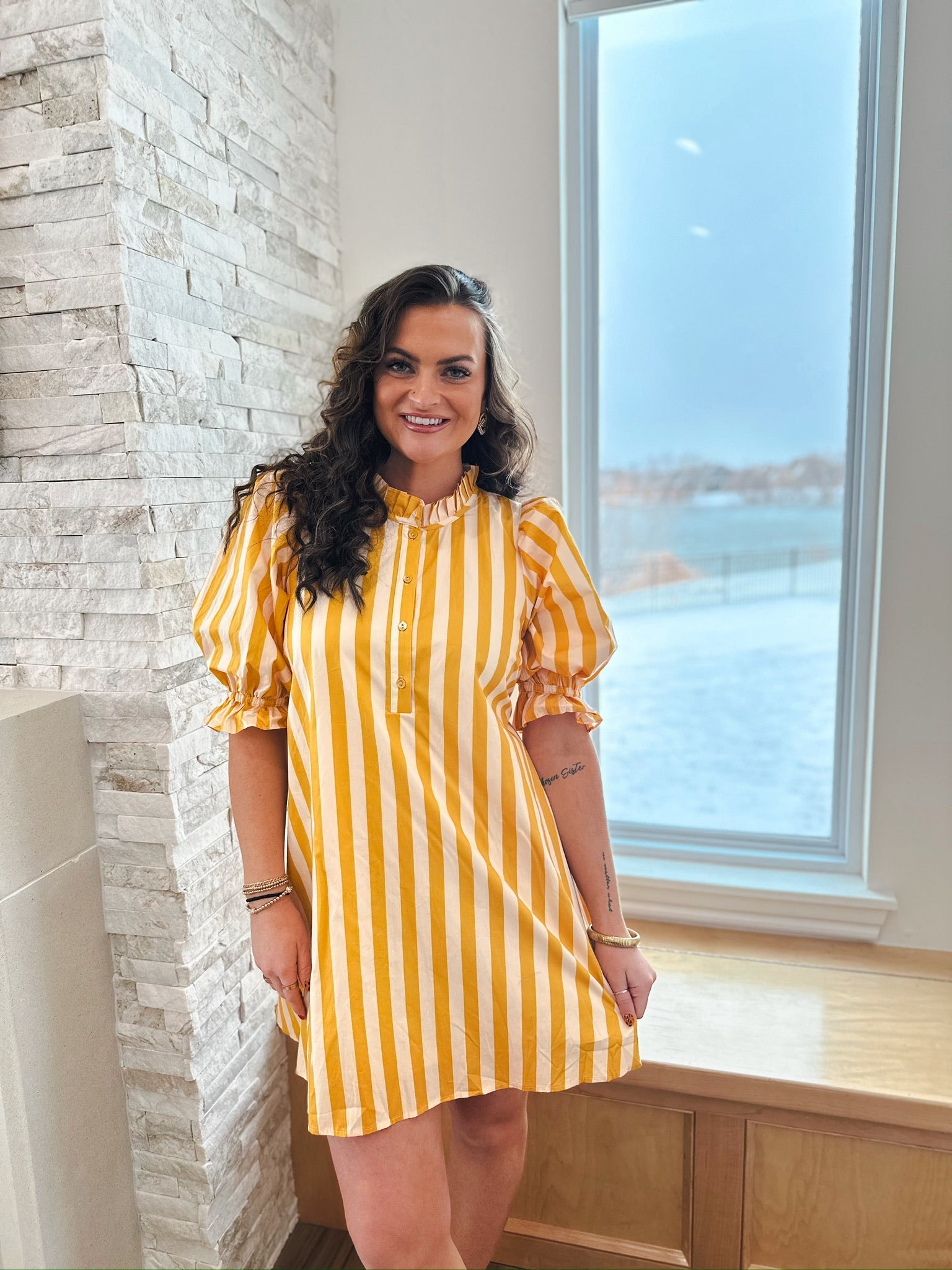 Yellow Striped Ruffle Neck Cotton Dress - Dress
