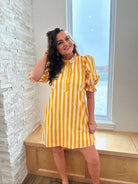 Yellow Striped Ruffle Neck Cotton Dress - Dress