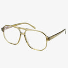 Freyrs Billie aviator-style blue light filtering glasses with clear lenses and translucent olive green frames on a white