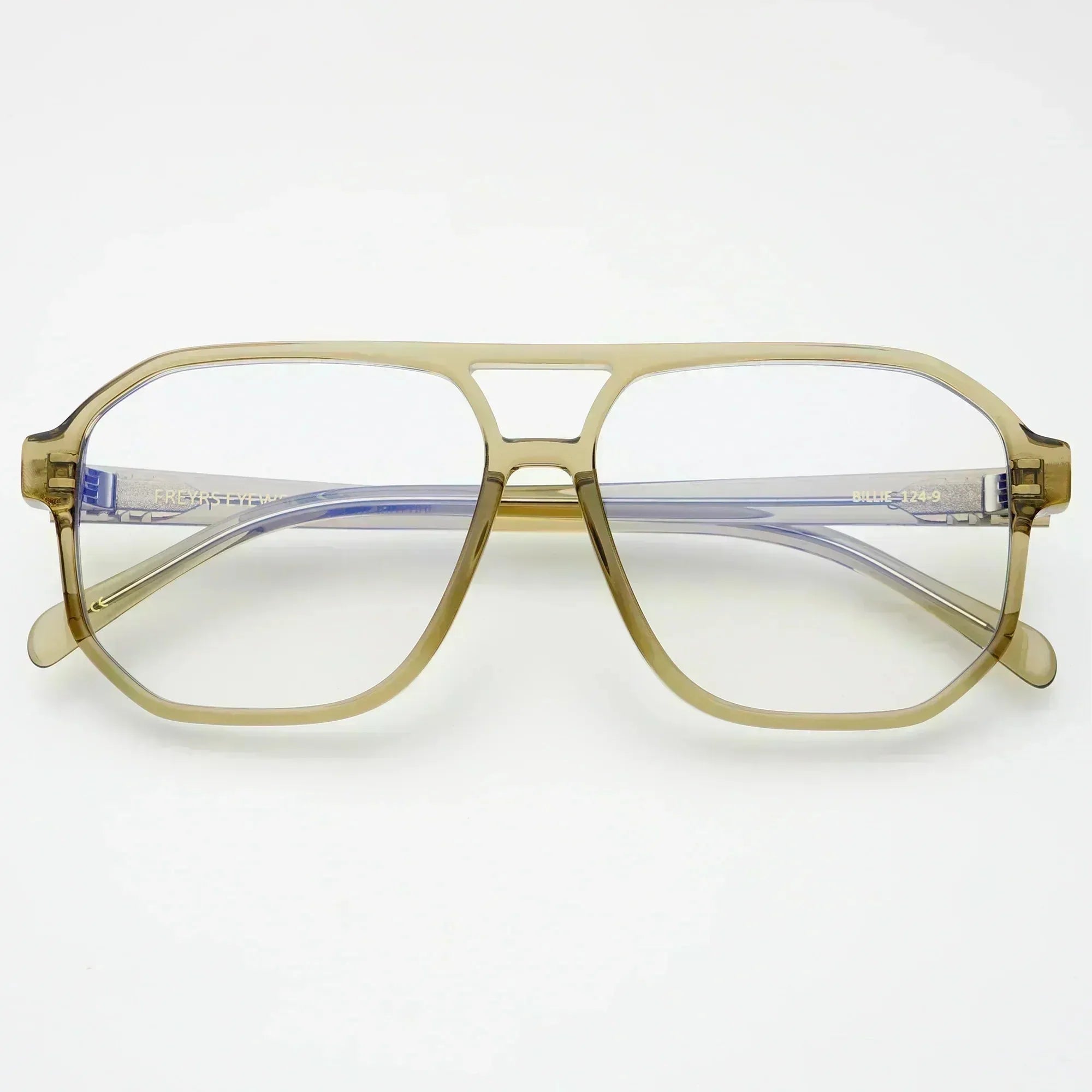 Freyrs Billie blue light filtering aviator glasses with thick tan frames and clear lenses on a white background.