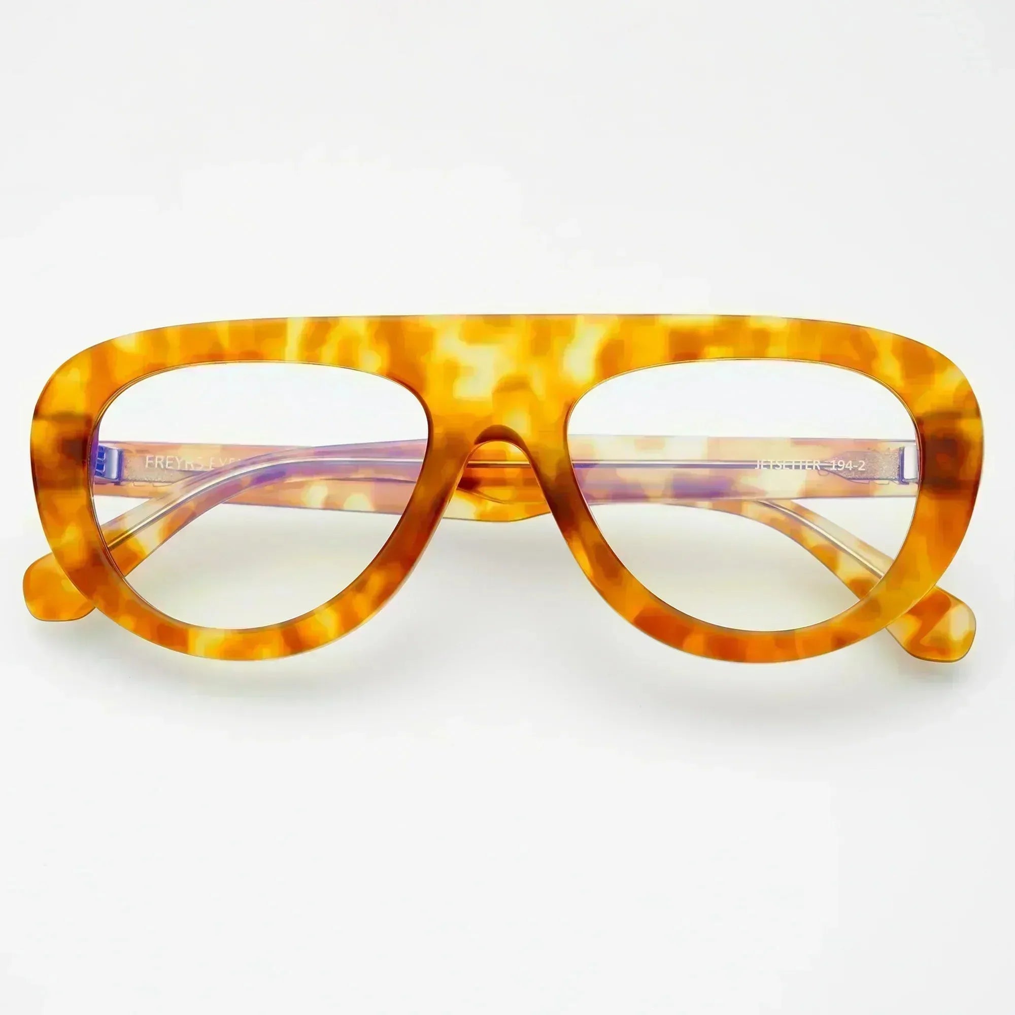 Freyrs Jetsetter blue light filtering reading glasses with thick tortoise shell frames and clear lenses.