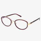 Freyrs Jordan Bold Modern Blue Light Reading Glasses with deep red oval frames and gold accents. Clear lenses.