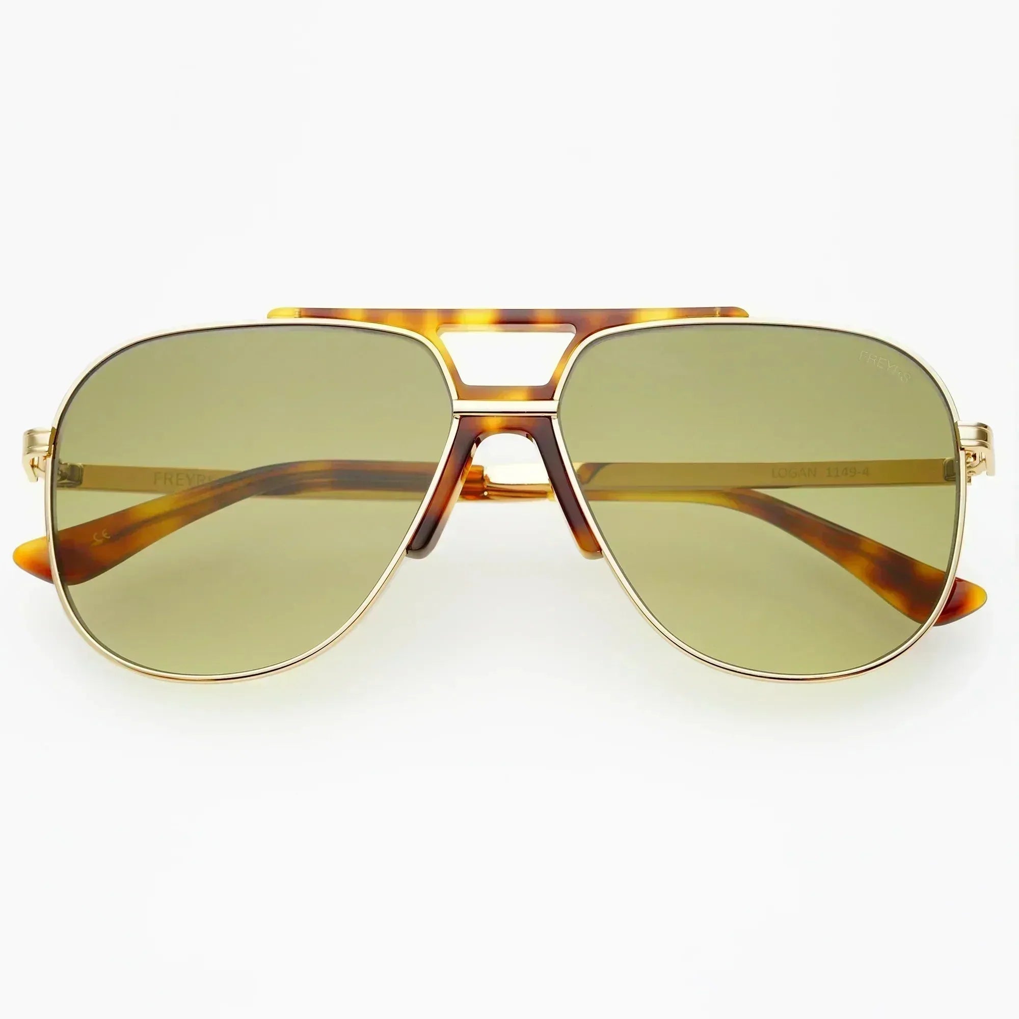 Freyrs Logan aviator sunglasses with gold metal frame, tortoise shell arms, and light green tinted lenses. Model number