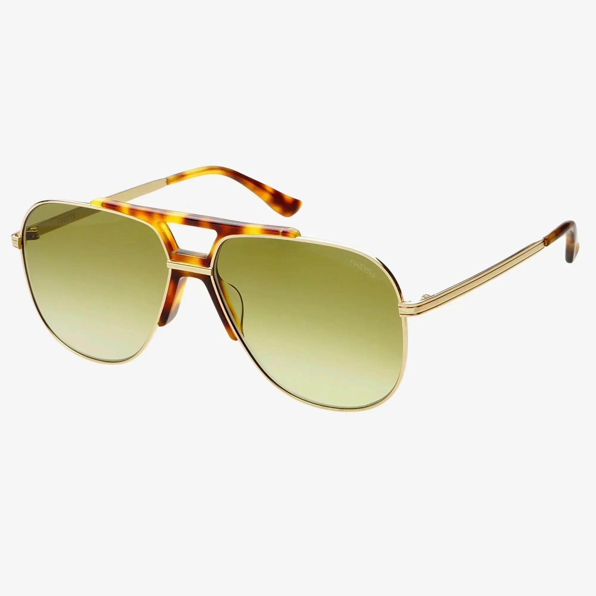 Freyrs Logan unisex premium quality aviator sunglasses with gold metal frame, tortoise shell detail, and gradient green