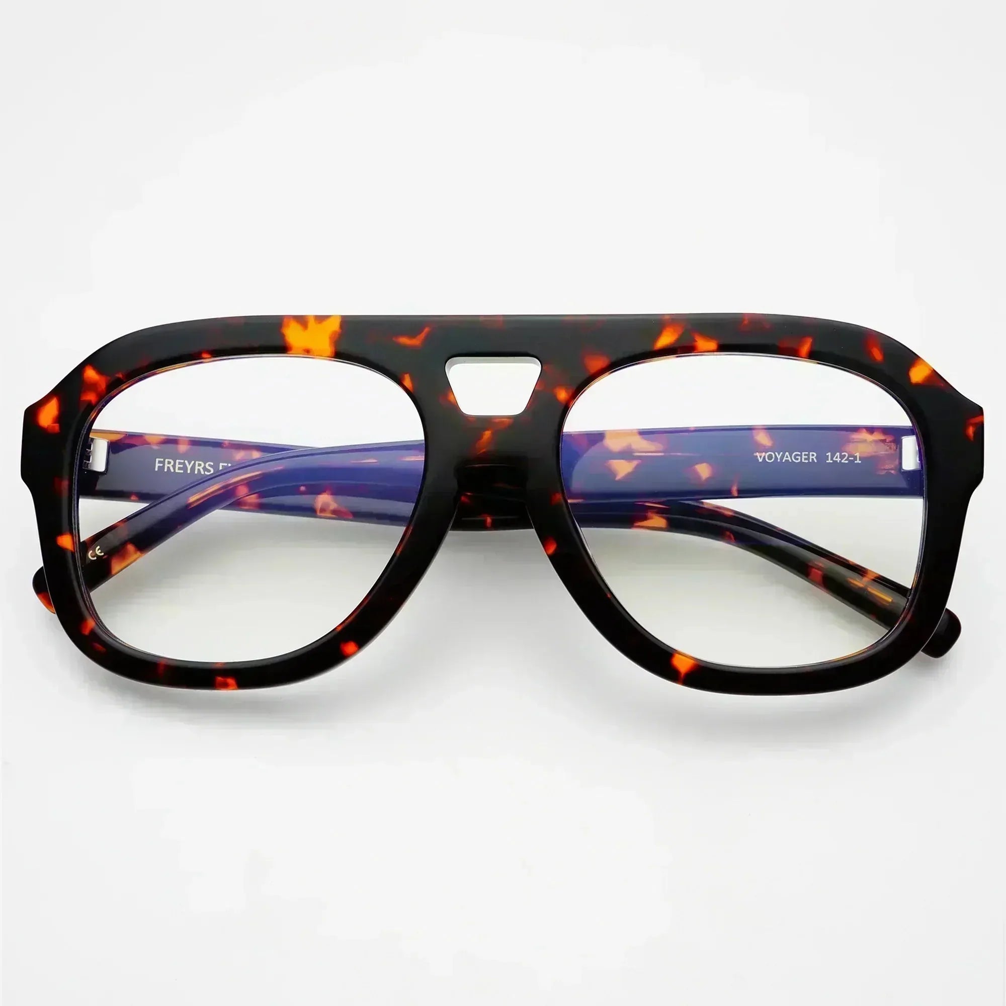 Freyrs Voyager oversized aviator reading glasses with tortoise shell frames and clear lenses. Marked "VOYAGER 142-1".