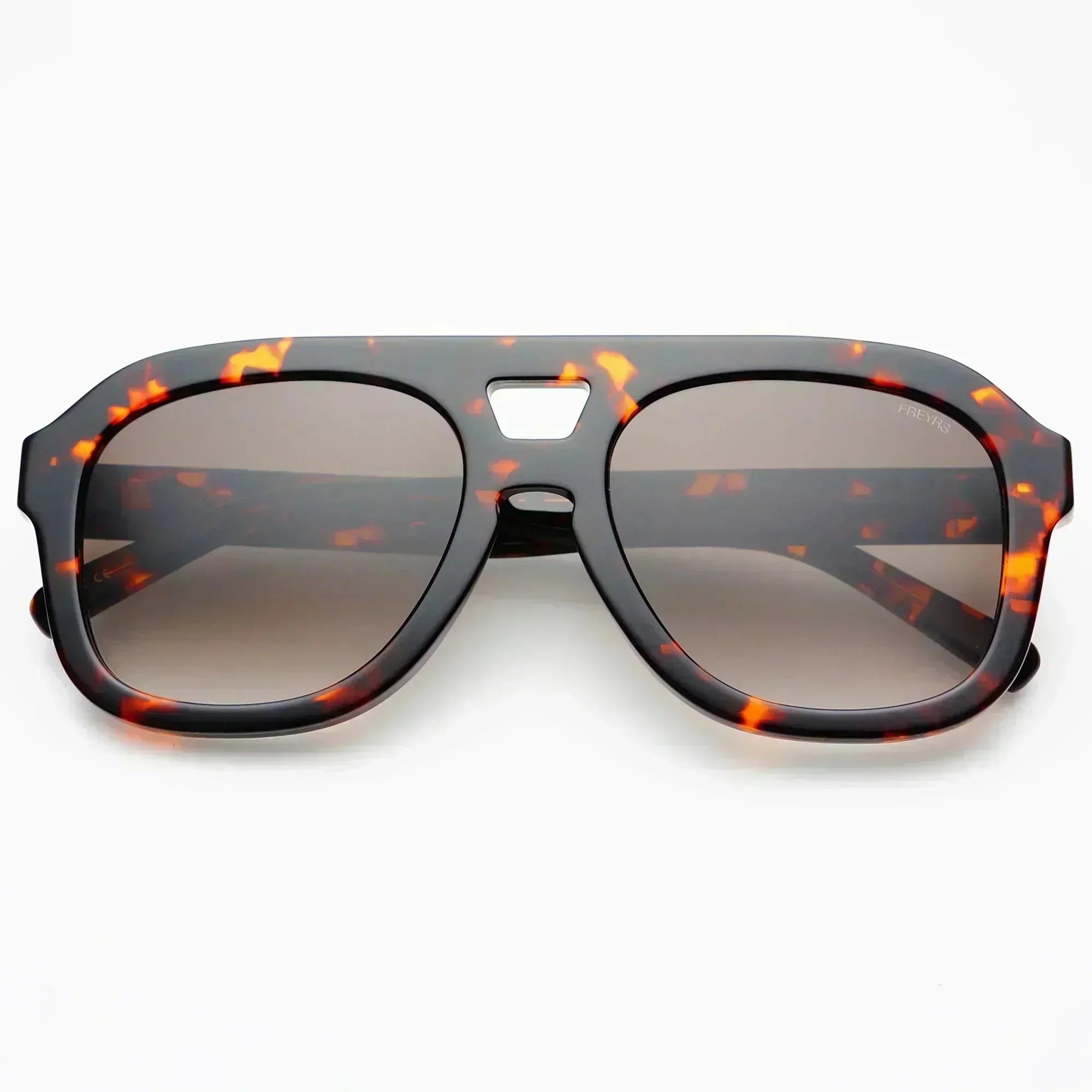 Freyrs Voyager oversized aviator sunglasses with tortoise shell frames and brown gradient lenses. White background.