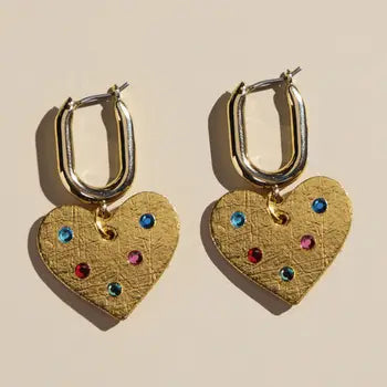NICKEL & SUEDE VINTAGE GOLD JEWELED QUINN HEARTS EARRINGS - Earrings