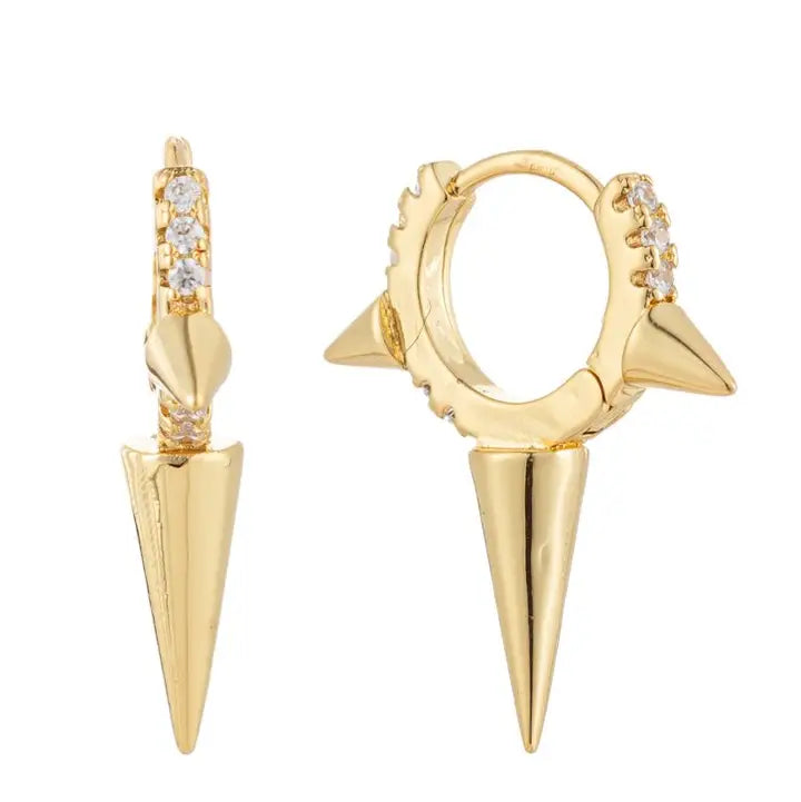 Pair of gold spike huggie hoop earrings adorned with small clear crystals on the hoop.
