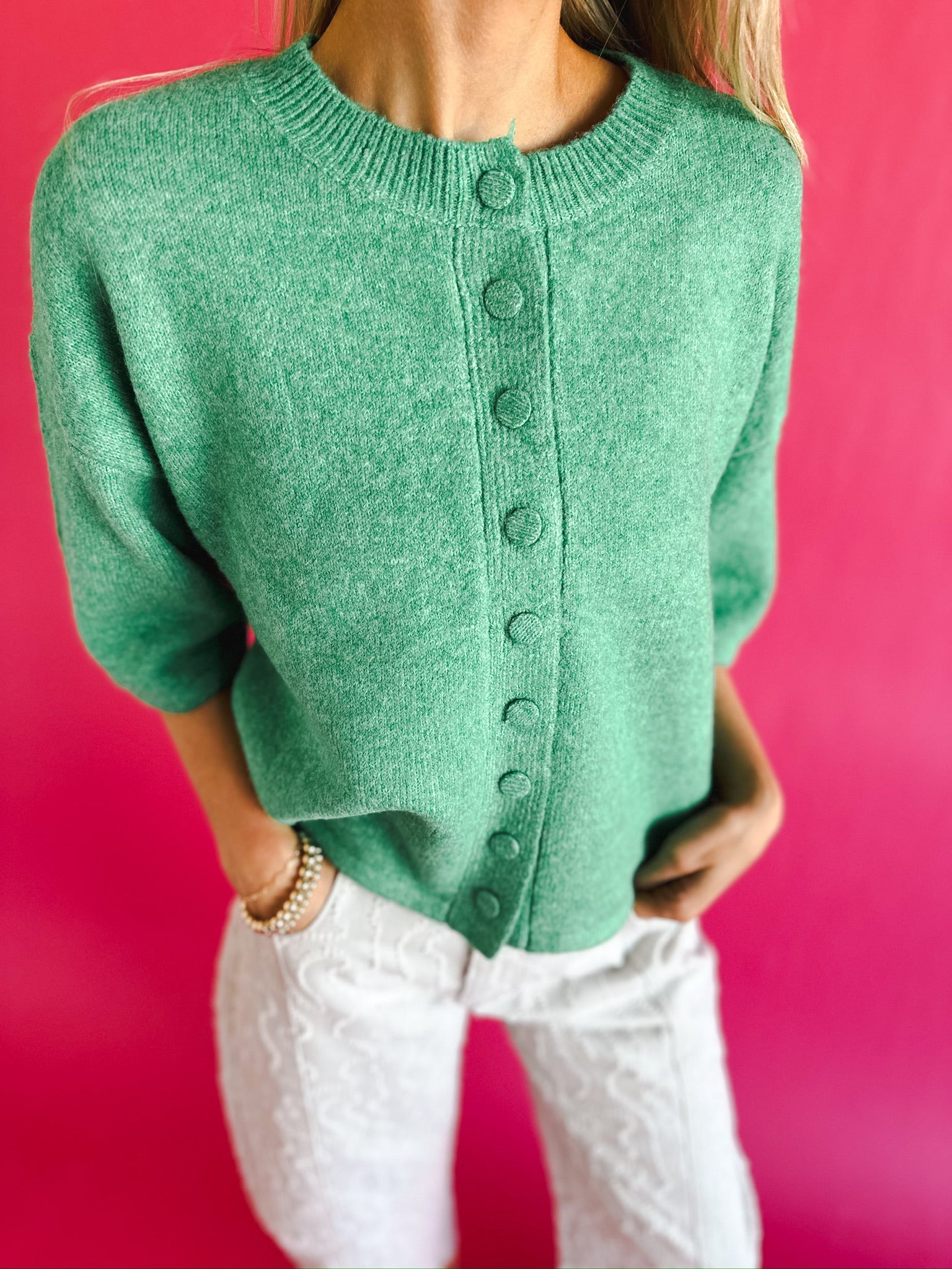 Green Short Sleeve Sweater Cardigan - Tops