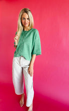 Green Short Sleeve Sweater Cardigan - Tops