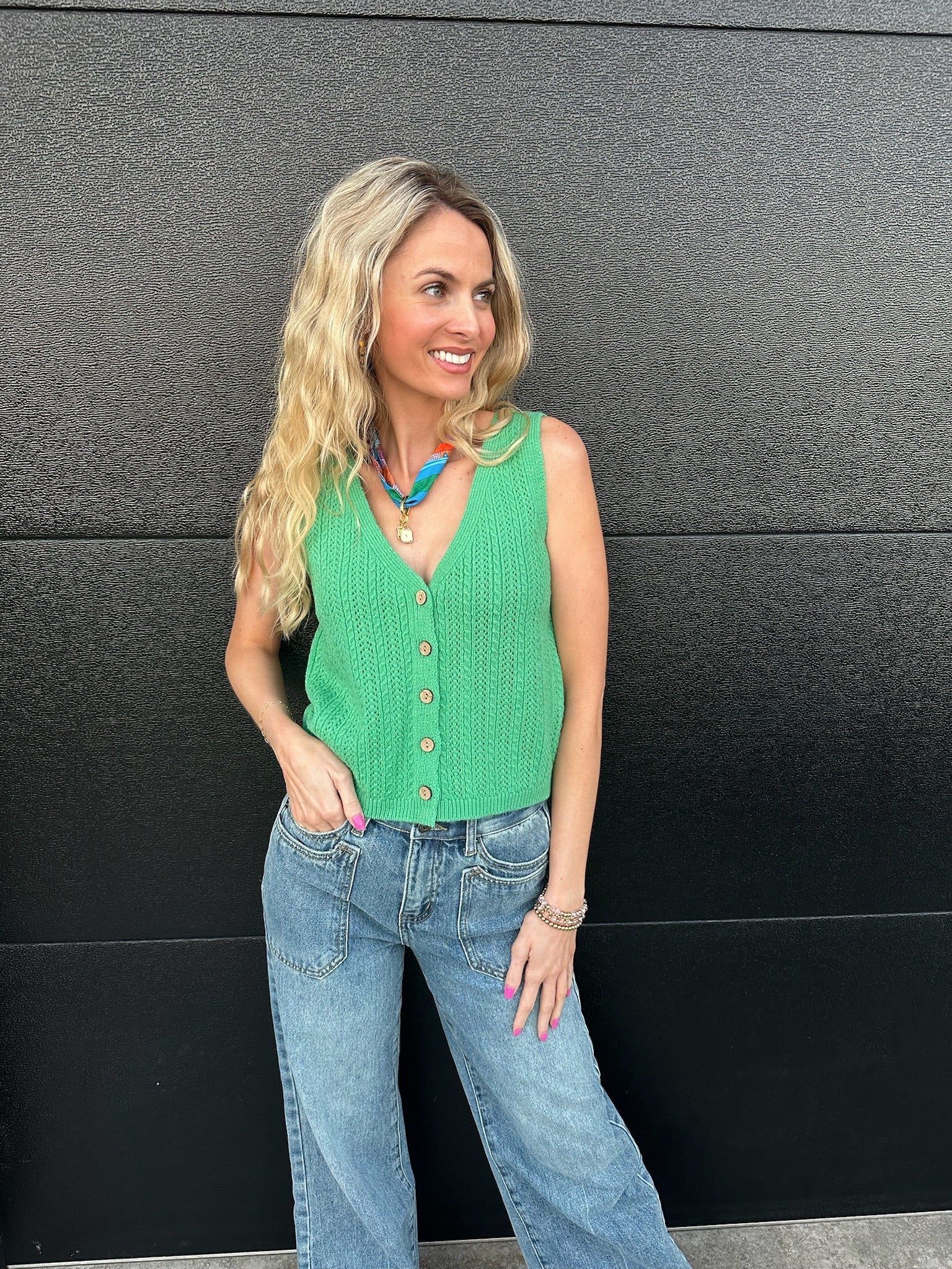 Green V Neck Sleeveless Sweater Top - Tops