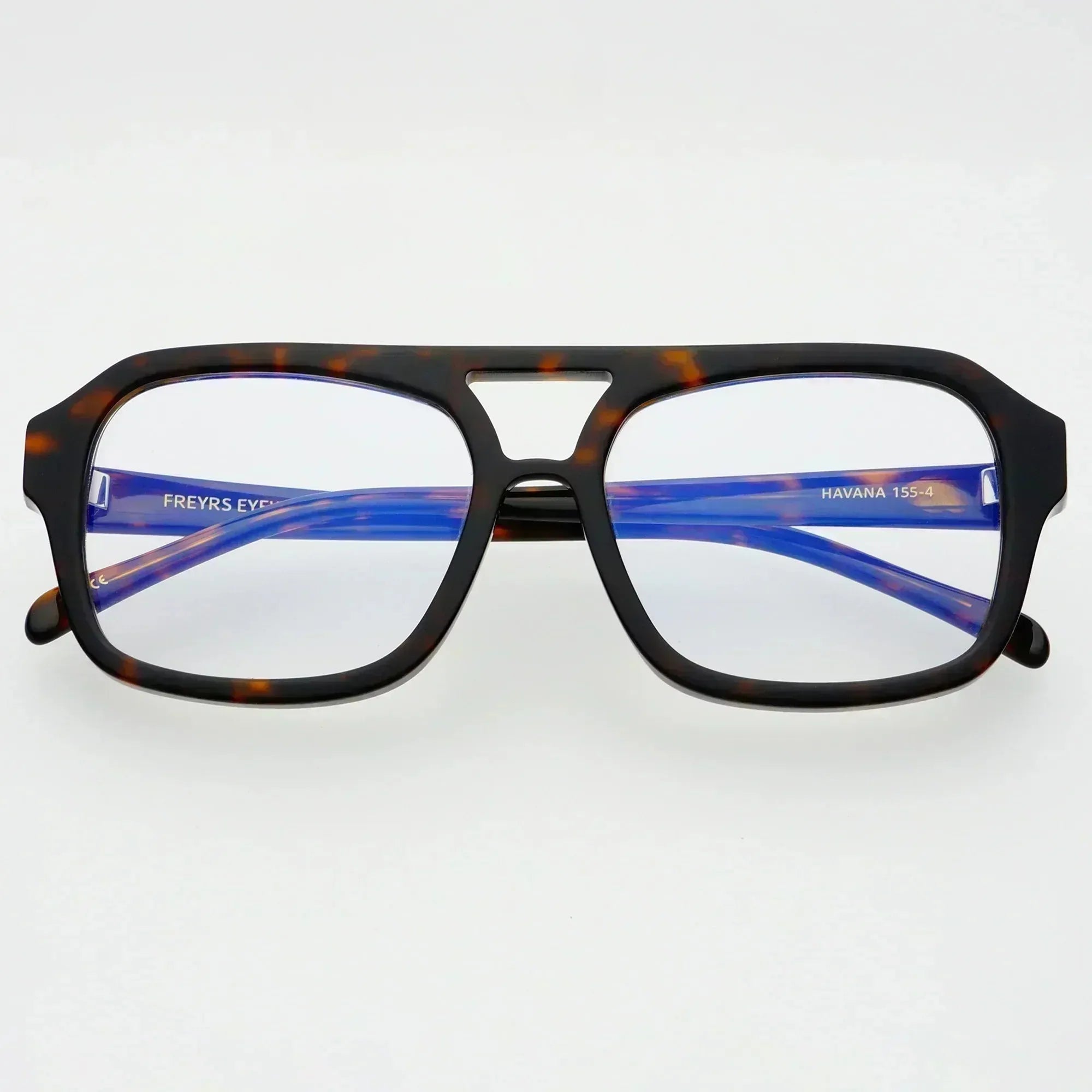 Havana aviator glasses with tortoiseshell frames and blue patterned arms. Clear lenses. Includes 'FREYRS EYE' and 'HAVANA