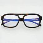 Havana aviator glasses with tortoiseshell frames and blue patterned arms. Clear lenses. Includes 'FREYRS EYE' and 'HAVANA