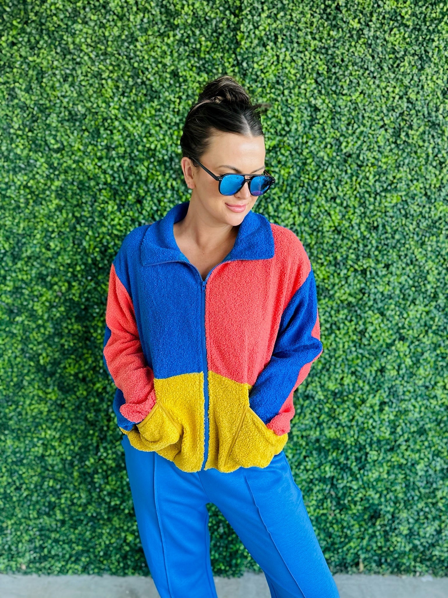 BLUE ORANGE AND GOLD SHERPA COLOR BLOCK ZIP UP JACKET