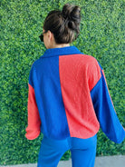 BLUE ORANGE AND GOLD SHERPA COLOR BLOCK ZIP UP JACKET