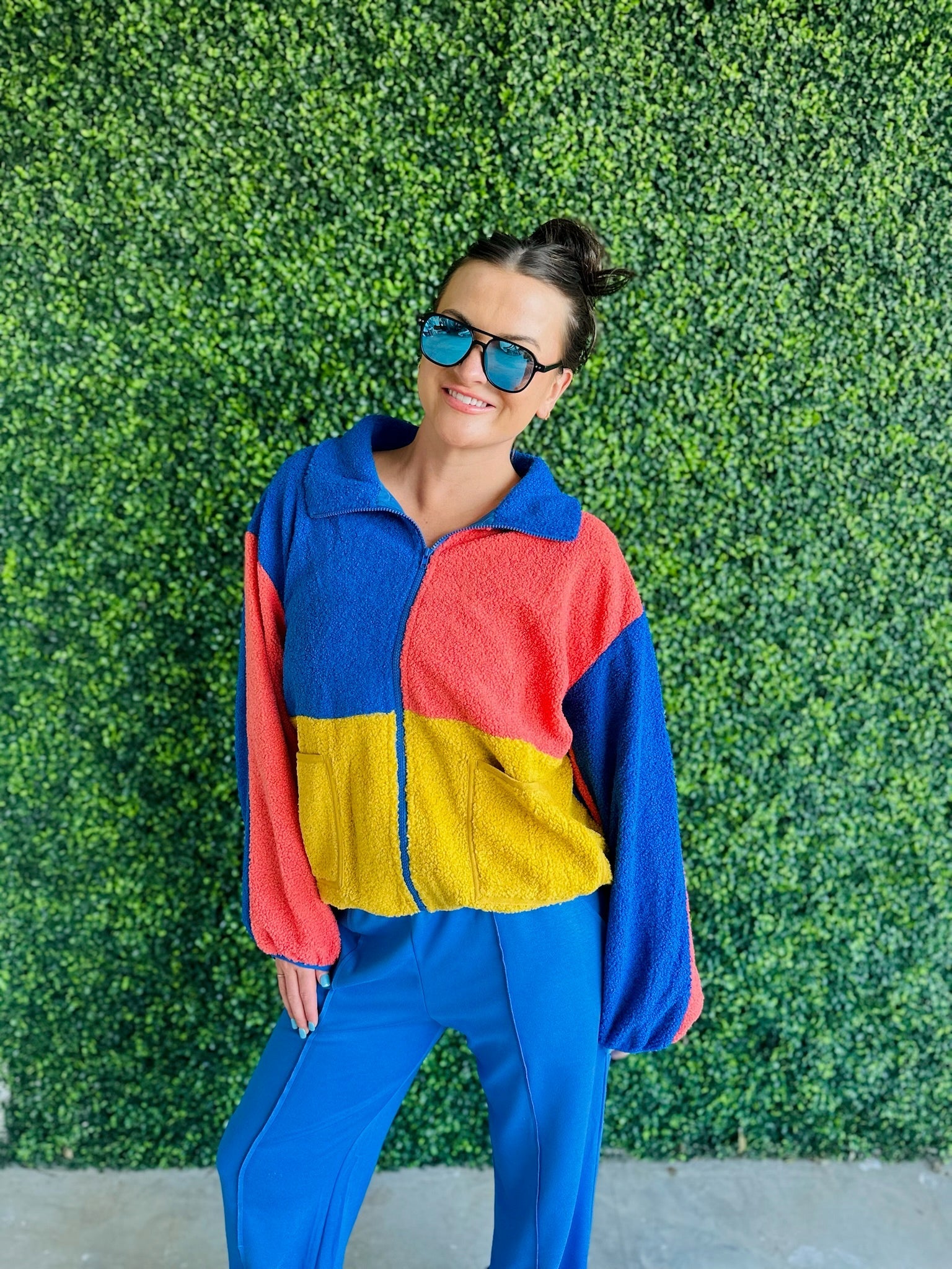 BLUE ORANGE AND GOLD SHERPA COLOR BLOCK ZIP UP JACKET