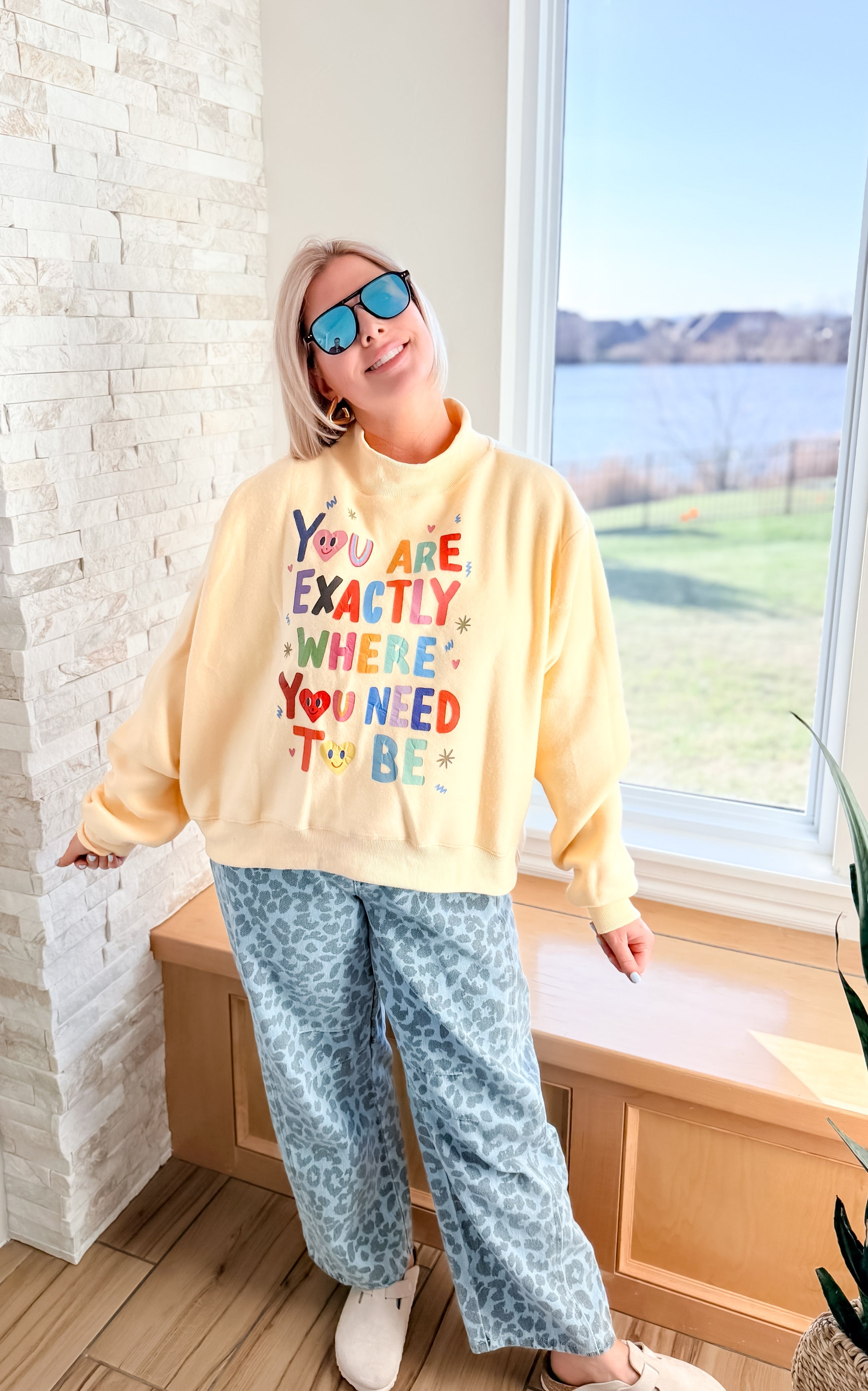 Life Is Good Reversible Graphic Mock Neck Crop Sweatshirt - Tops