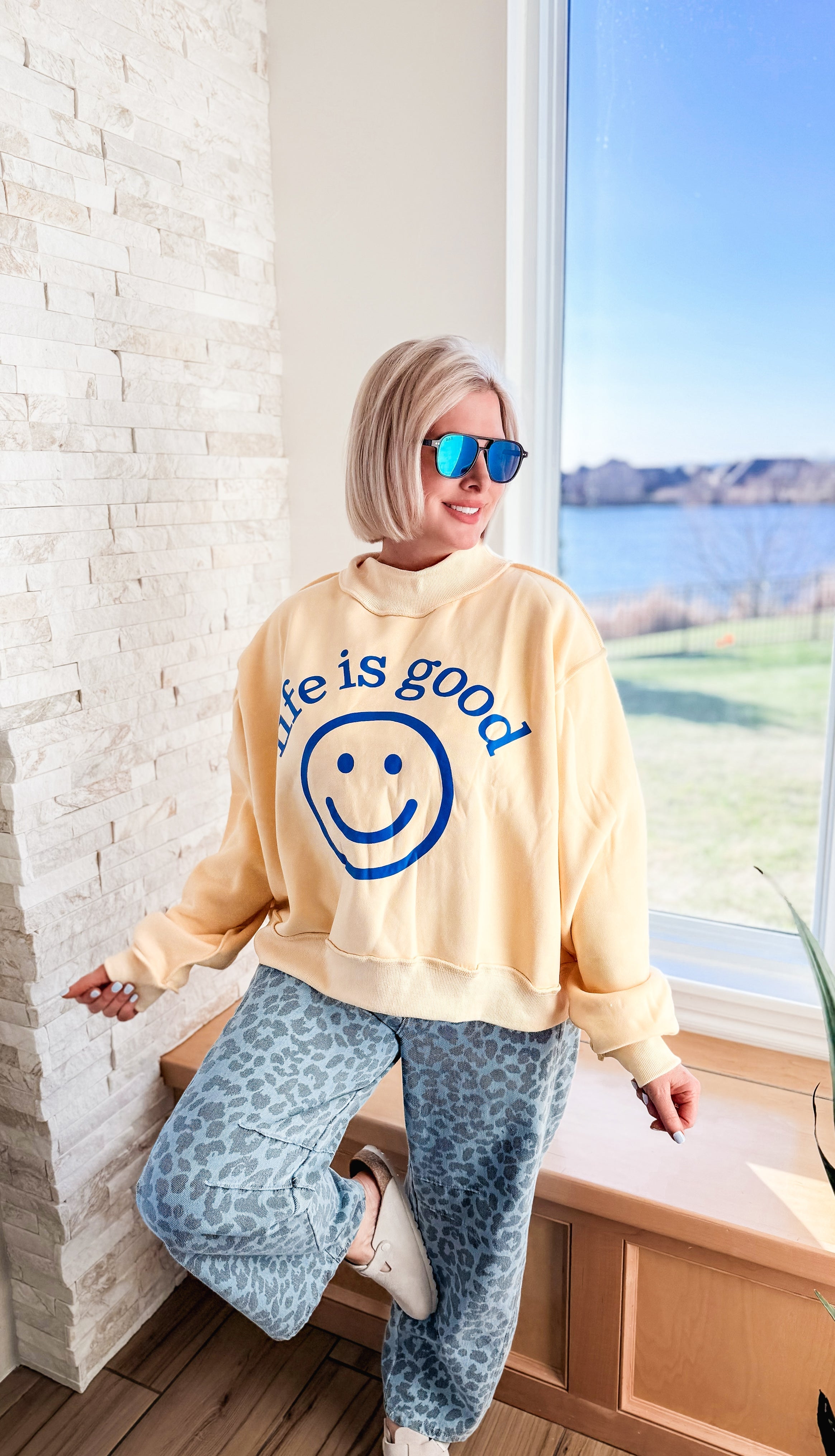 Life Is Good Reversible Graphic Mock Neck Crop Sweatshirt - Tops