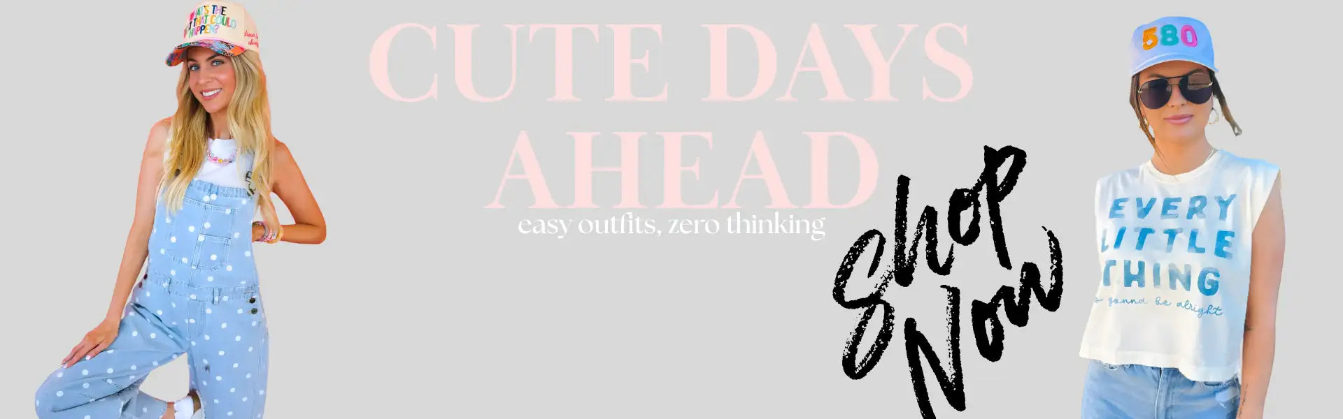 Light blue polka dot denim overalls with a white tank top underneath and a pink baseball cap