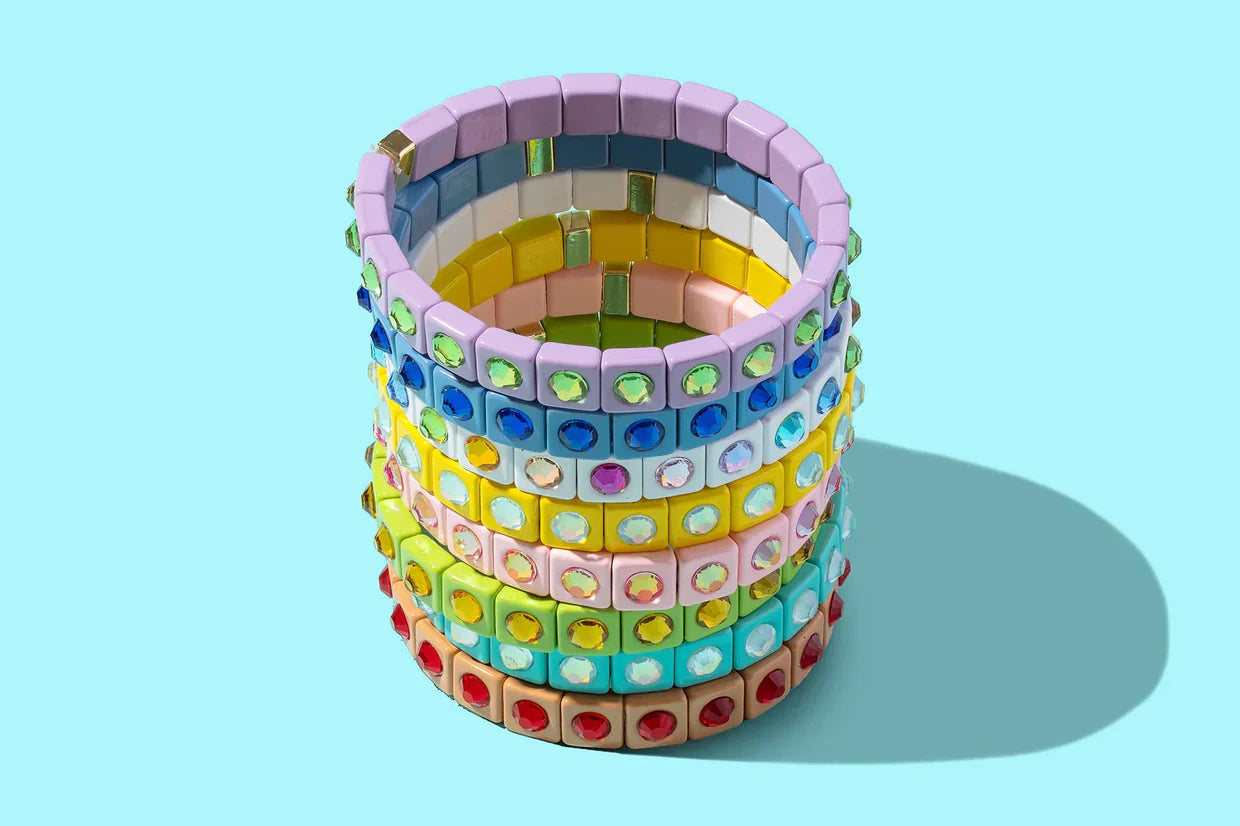 Maeve Enamel Bracelet - Elegant Stretch Bracelet showcasing chic painted enamel with square stone accents, perfect for wearing alone or stacking.